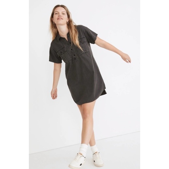Madewell Popover Shirt Dress XS Black Denim Short Sleeve Relaxed Utility Beach - Picture 1 of 10